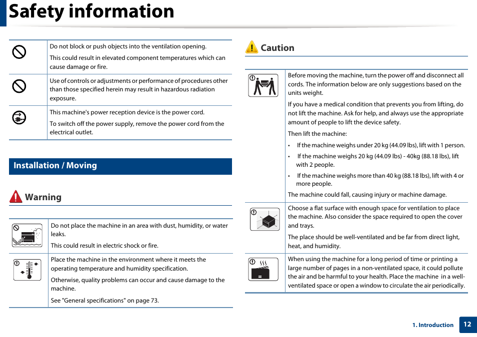 Safety information, Warning caution, Installation / moving | Samsung SL-M2625D-XAA User Manual | Page 12 / 236