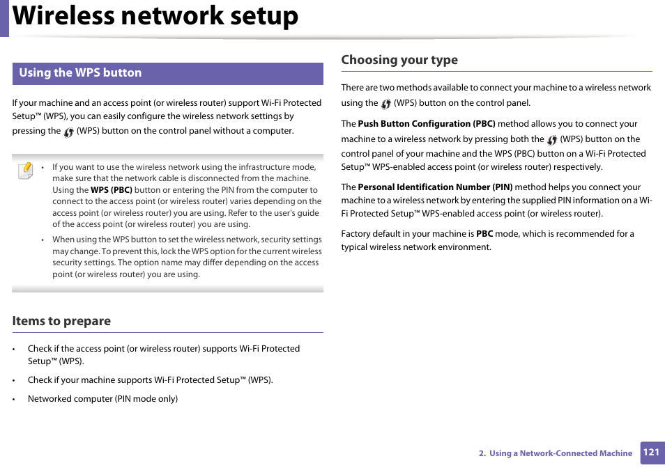 Wireless network setup, Items to prepare, Choosing your type | Using the wps button | Samsung SL-M2625D-XAA User Manual | Page 121 / 236