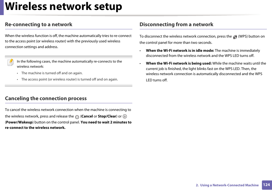 Wireless network setup, Re-connecting to a network, Canceling the connection process | Disconnecting from a network | Samsung SL-M2625D-XAA User Manual | Page 124 / 236