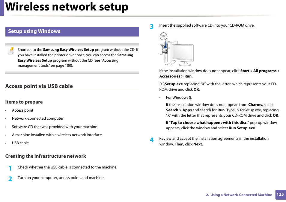 Wireless network setup, Access point via usb cable, Setup using windows | Samsung SL-M2625D-XAA User Manual | Page 125 / 236
