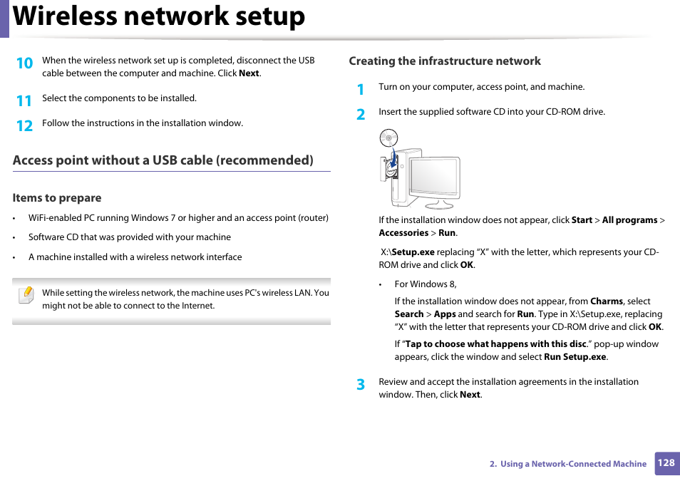 Wireless network setup, Access point without a usb cable (recommended) | Samsung SL-M2625D-XAA User Manual | Page 128 / 236