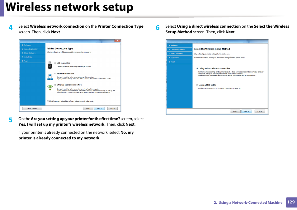 Wireless network setup | Samsung SL-M2625D-XAA User Manual | Page 129 / 236