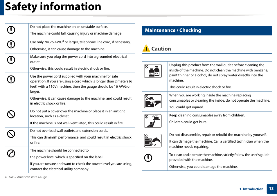 Safety information, Caution, Maintenance / checking | Samsung SL-M2625D-XAA User Manual | Page 13 / 236