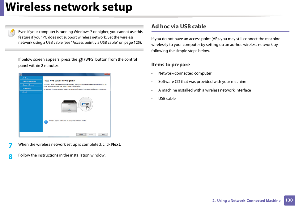 Wireless network setup, Ad hoc via usb cable | Samsung SL-M2625D-XAA User Manual | Page 130 / 236
