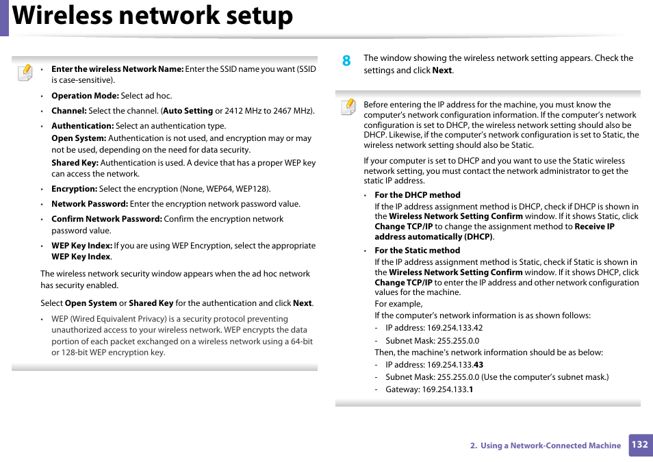 Wireless network setup | Samsung SL-M2625D-XAA User Manual | Page 132 / 236