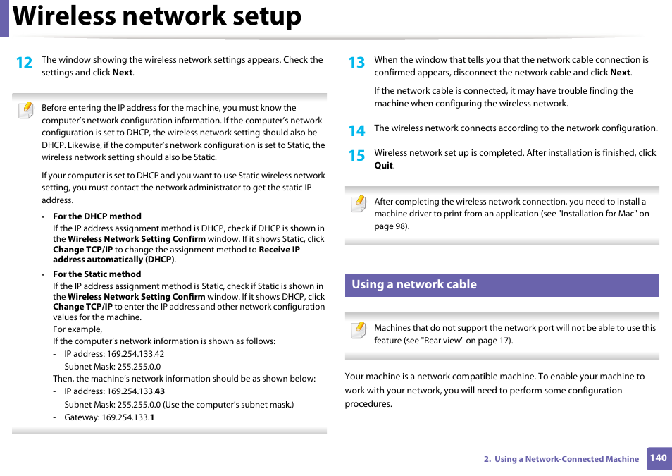 Wireless network setup, Using a network cable | Samsung SL-M2625D-XAA User Manual | Page 140 / 236