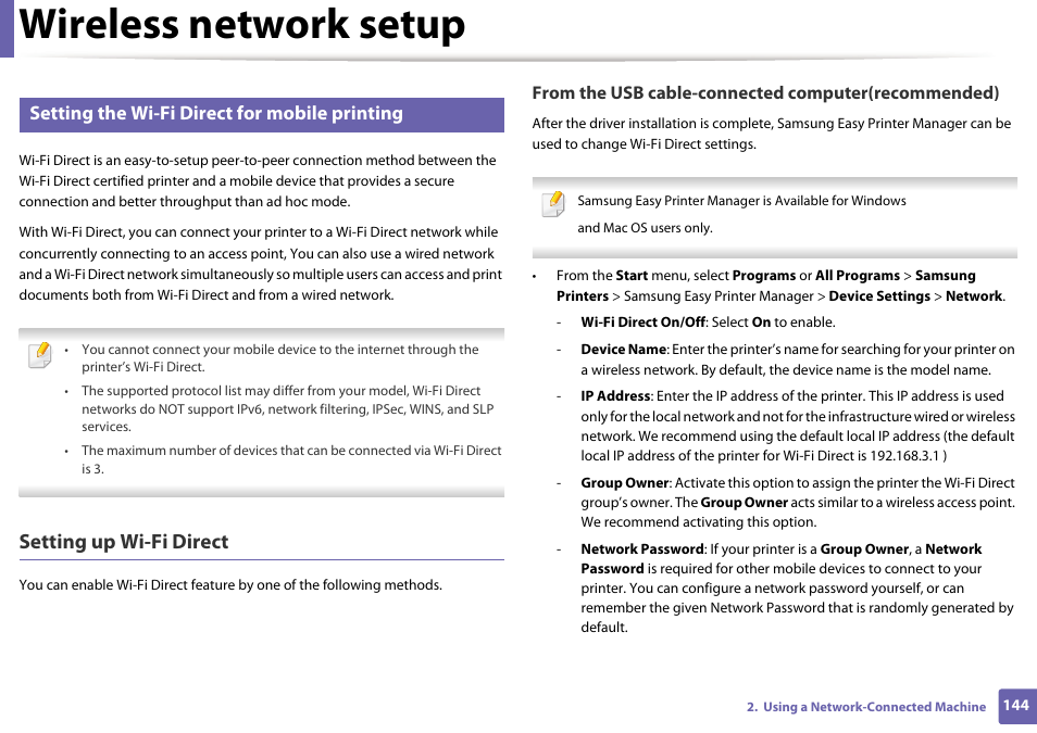 Wireless network setup, Setting up wi-fi direct, Setting the wi-fi direct for mobile printing | Samsung SL-M2625D-XAA User Manual | Page 144 / 236