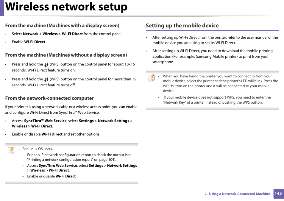 Wireless network setup, Setting up the mobile device | Samsung SL-M2625D-XAA User Manual | Page 145 / 236