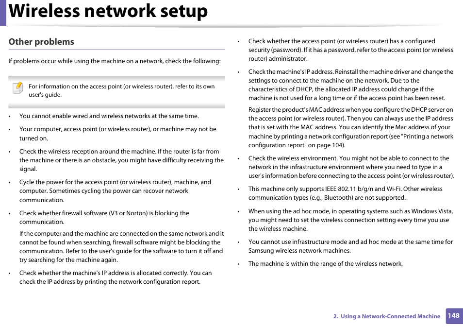 Wireless network setup, Other problems | Samsung SL-M2625D-XAA User Manual | Page 148 / 236