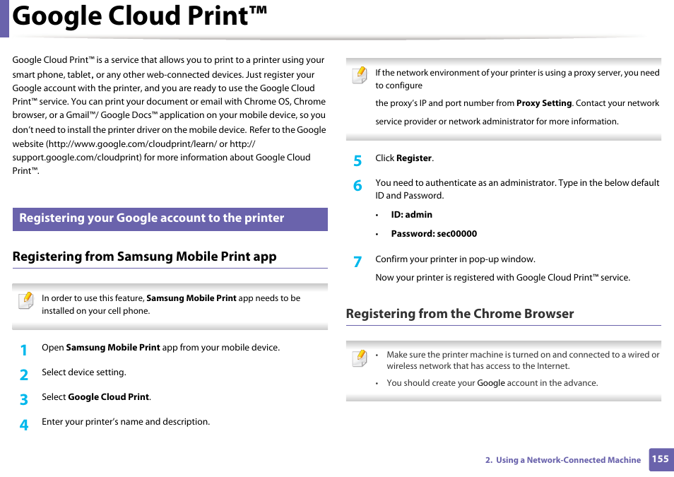 Google cloud print, Registering from samsung mobile print app, Registering from the chrome browser | Registering your google account to the printer | Samsung SL-M2625D-XAA User Manual | Page 155 / 236