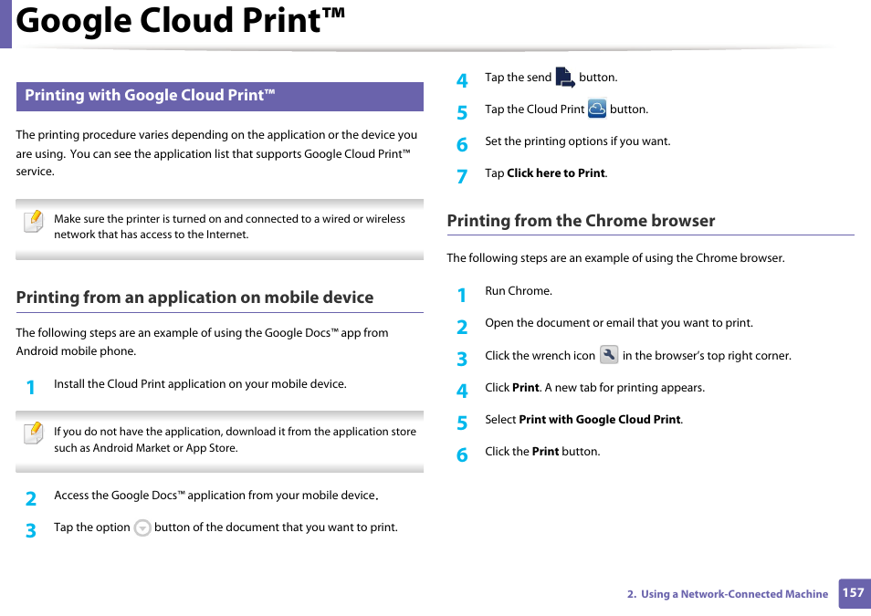 Google cloud print, Printing from an application on mobile device, Printing from the chrome browser | Samsung SL-M2625D-XAA User Manual | Page 157 / 236