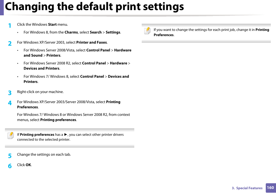 Changing the default print settings | Samsung SL-M2625D-XAA User Manual | Page 160 / 236