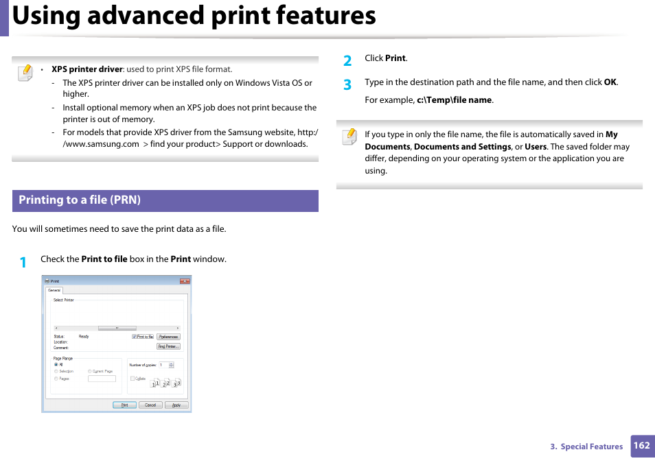 Using advanced print features, Printing to a file (prn) | Samsung SL-M2625D-XAA User Manual | Page 162 / 236