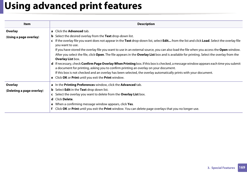 Using advanced print features | Samsung SL-M2625D-XAA User Manual | Page 169 / 236