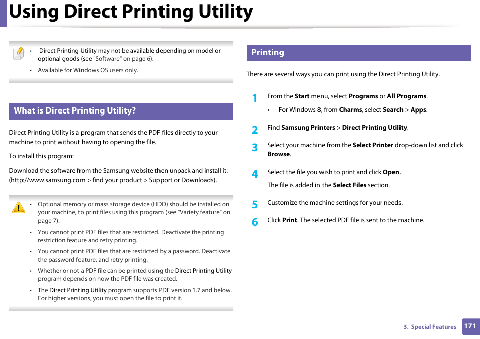 Using direct printing utility, What is direct printing utility, Printing | Samsung SL-M2625D-XAA User Manual | Page 171 / 236