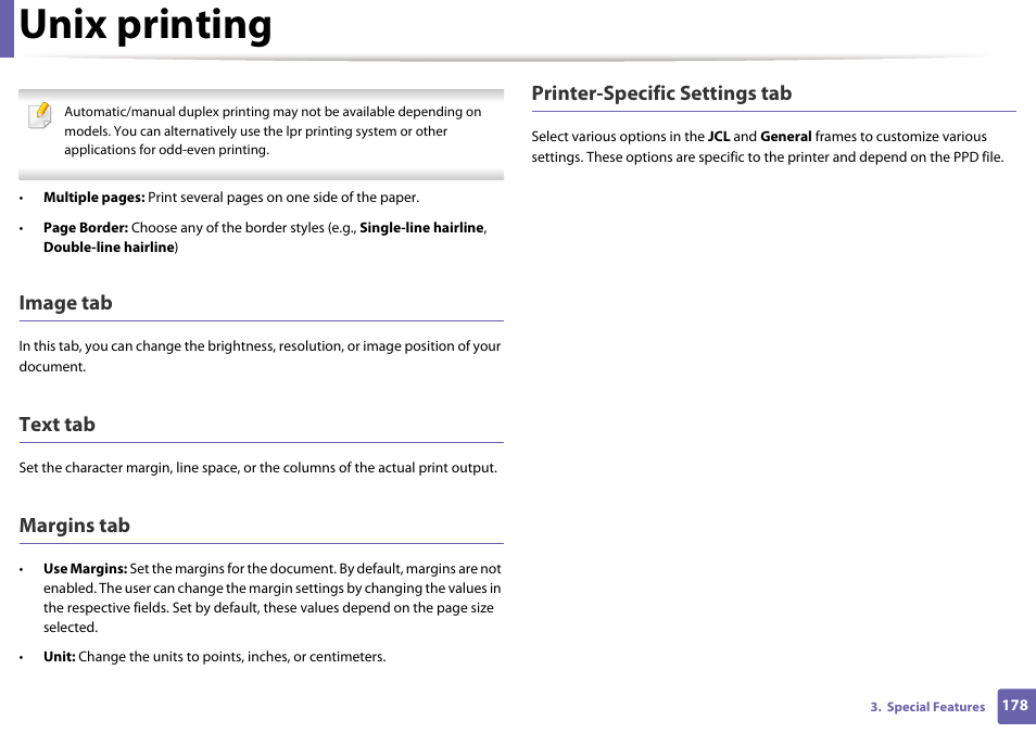Unix printing, Image tab, Text tab | Margins tab, Printer-specific settings tab | Samsung SL-M2625D-XAA User Manual | Page 178 / 236
