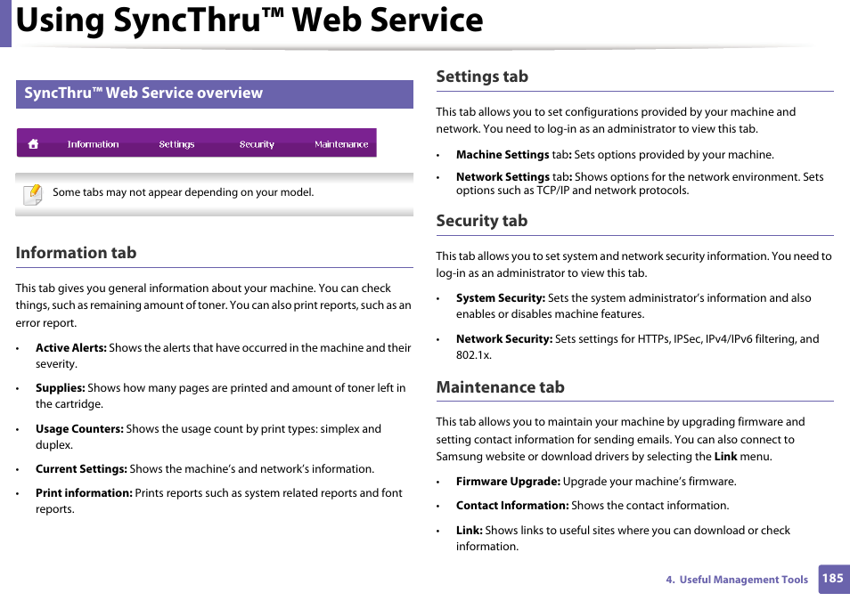 Using syncthru™ web service, Information tab, Settings tab | Security tab, Maintenance tab, Syncthru™ web service overview | Samsung SL-M2625D-XAA User Manual | Page 185 / 236