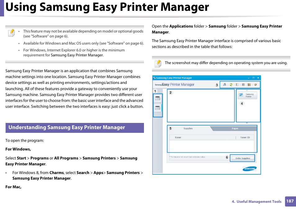 Using samsung easy printer manager, Understanding samsung easy printer manager | Samsung SL-M2625D-XAA User Manual | Page 187 / 236