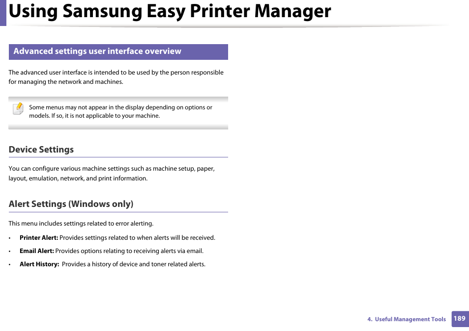 Using samsung easy printer manager, Device settings, Alert settings (windows only) | Advanced settings user interface overview | Samsung SL-M2625D-XAA User Manual | Page 189 / 236
