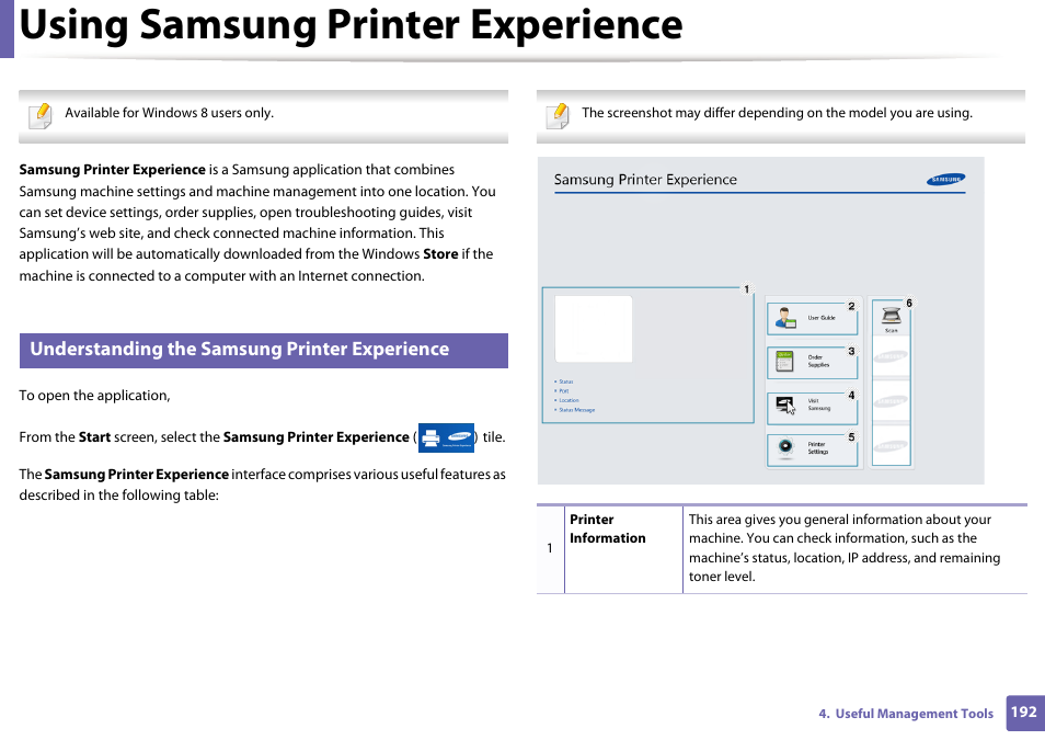 Using samsung printer experience, Understanding the samsung printer experience | Samsung SL-M2625D-XAA User Manual | Page 192 / 236