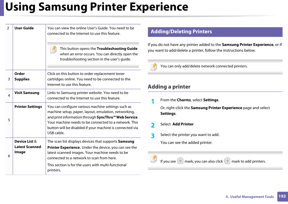Using samsung printer experience, Adding a printer, Adding/deleting printers | Samsung SL-M2625D-XAA User Manual | Page 193 / 236