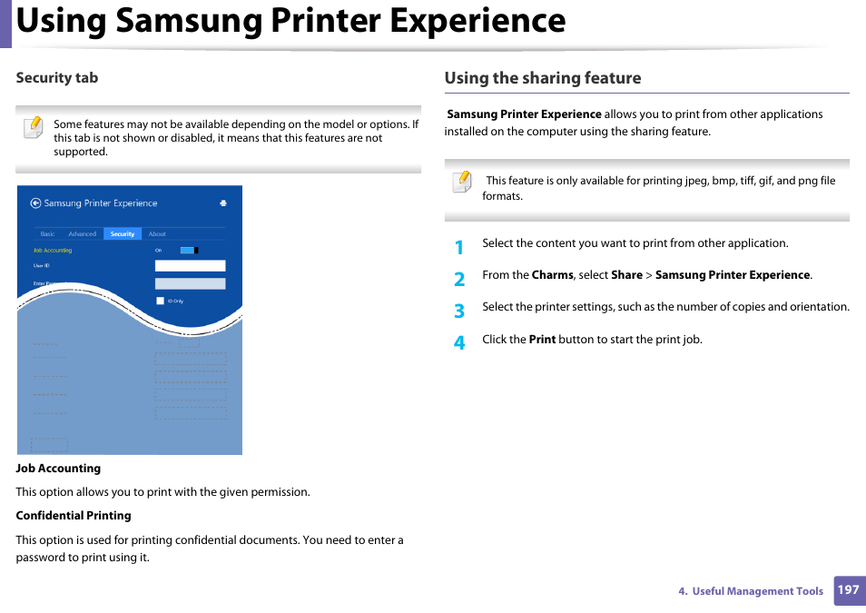 Using samsung printer experience, Using the sharing feature | Samsung SL-M2625D-XAA User Manual | Page 197 / 236