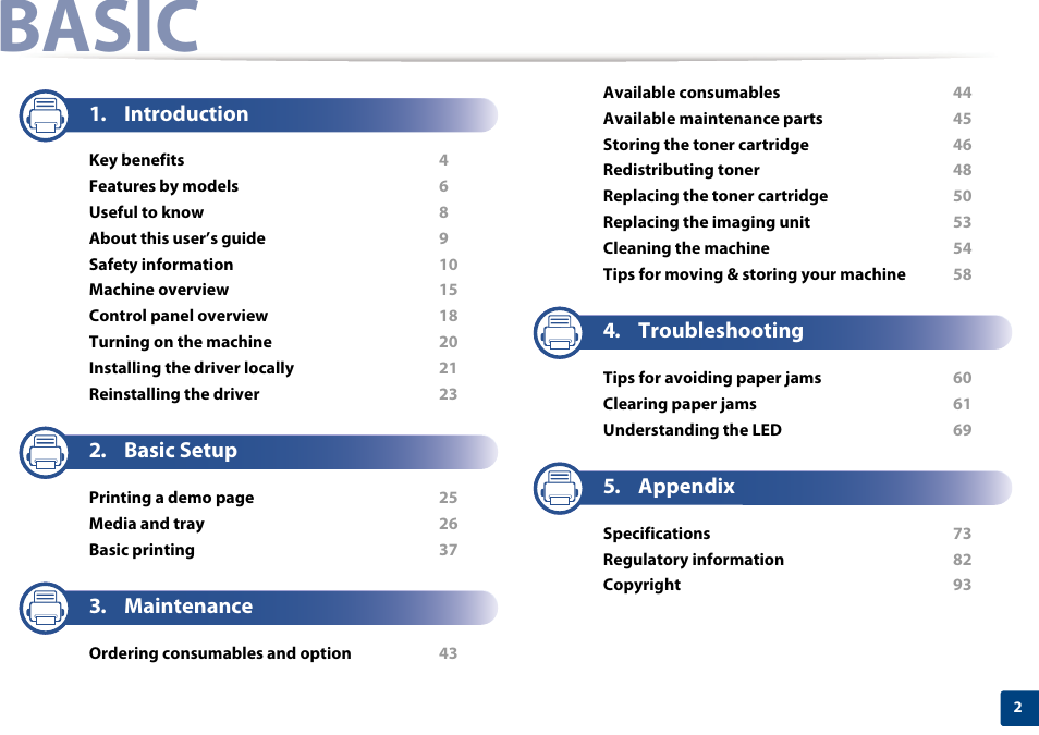 Basic, Introduction, Basic setup | Maintenance, Troubleshooting, Appendix | Samsung SL-M2625D-XAA User Manual | Page 2 / 236