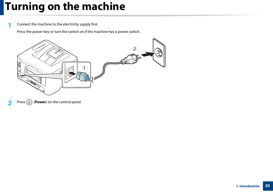 Turning on the machine | Samsung SL-M2625D-XAA User Manual | Page 20 / 236