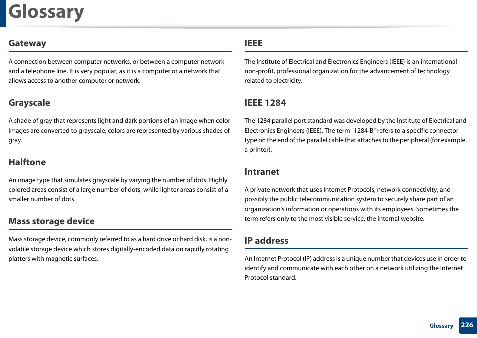 Glossary, Gateway, Grayscale | Halftone, Mass storage device, Ieee, Ieee 1284, Intranet, Ip address | Samsung SL-M2625D-XAA User Manual | Page 226 / 236