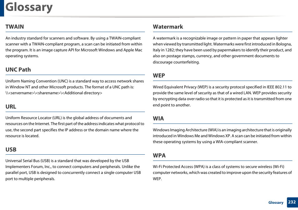 Glossary, Twain, Unc path | Watermark | Samsung SL-M2625D-XAA User Manual | Page 232 / 236