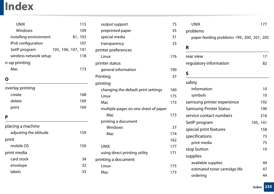 Index | Samsung SL-M2625D-XAA User Manual | Page 235 / 236