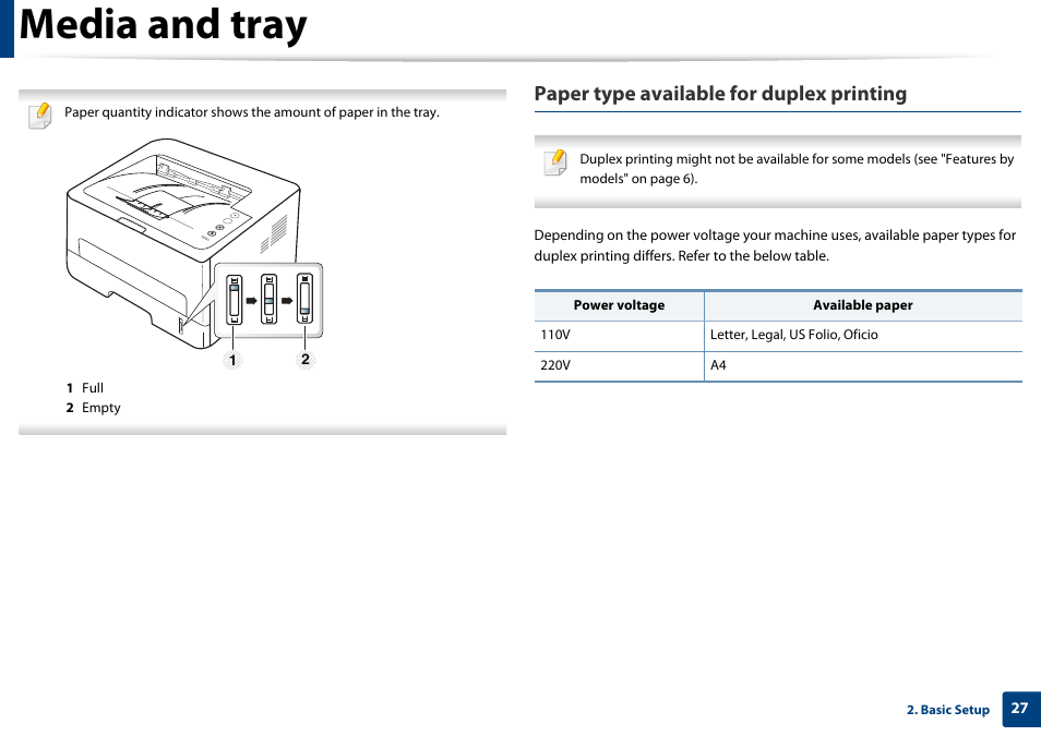 Media and tray, Paper type available for duplex printing | Samsung SL-M2625D-XAA User Manual | Page 27 / 236