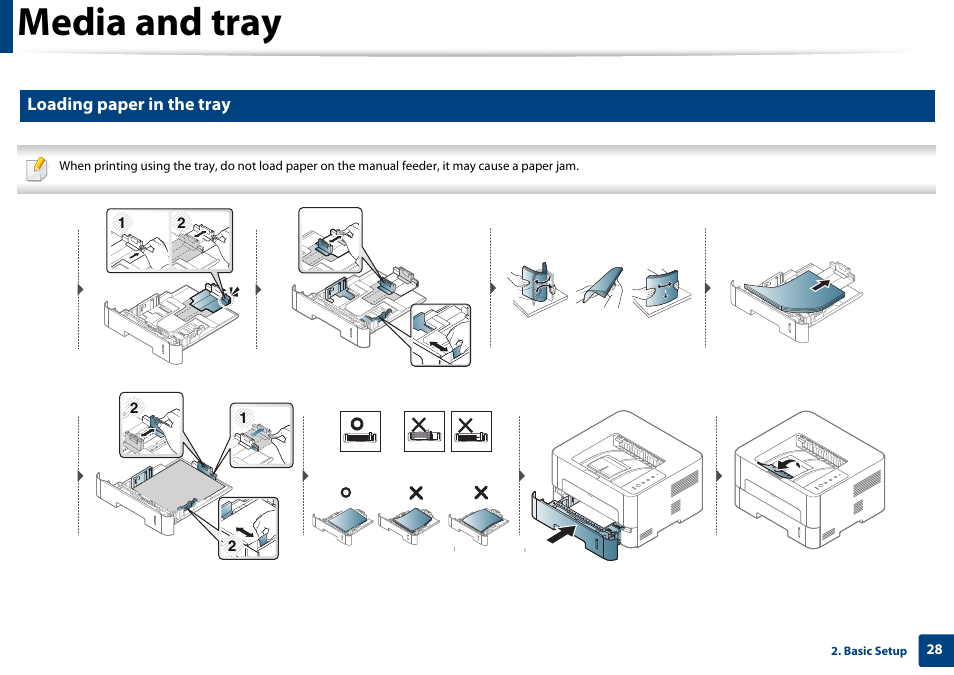 Media and tray, Loading paper in the tray | Samsung SL-M2625D-XAA User Manual | Page 28 / 236