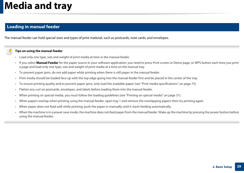 Media and tray, Loading in manual feeder | Samsung SL-M2625D-XAA User Manual | Page 29 / 236