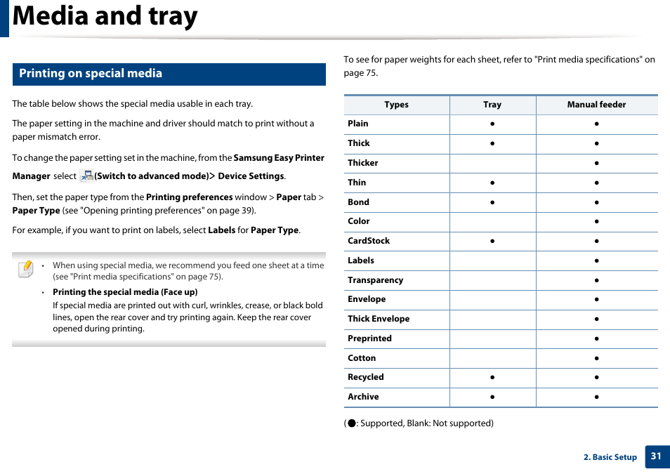 Media and tray, Printing on special media | Samsung SL-M2625D-XAA User Manual | Page 31 / 236