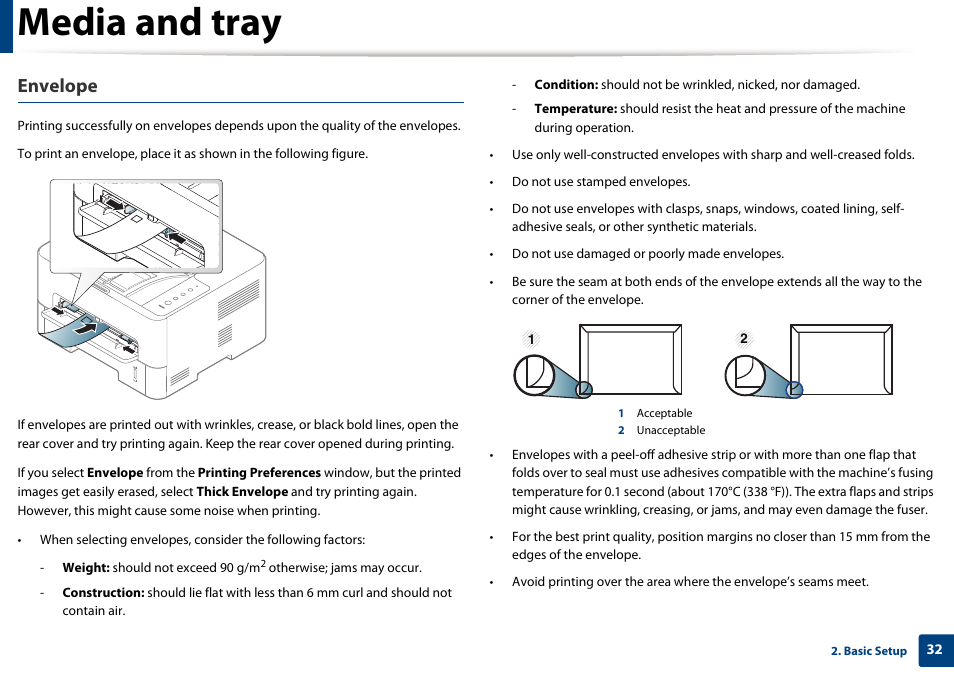 Media and tray, Envelope | Samsung SL-M2625D-XAA User Manual | Page 32 / 236