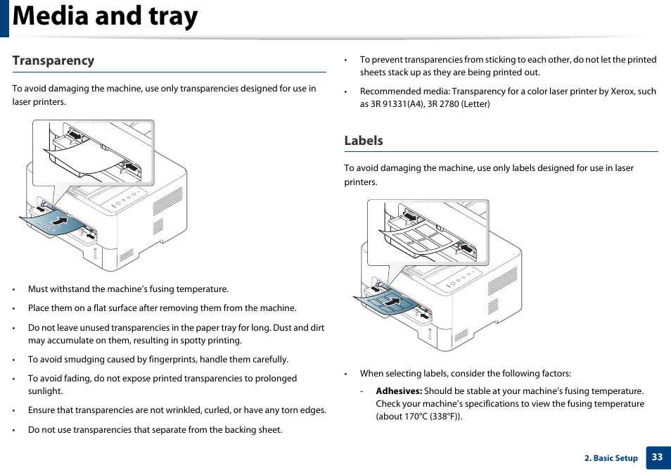 Media and tray, Transparency, Labels | Samsung SL-M2625D-XAA User Manual | Page 33 / 236