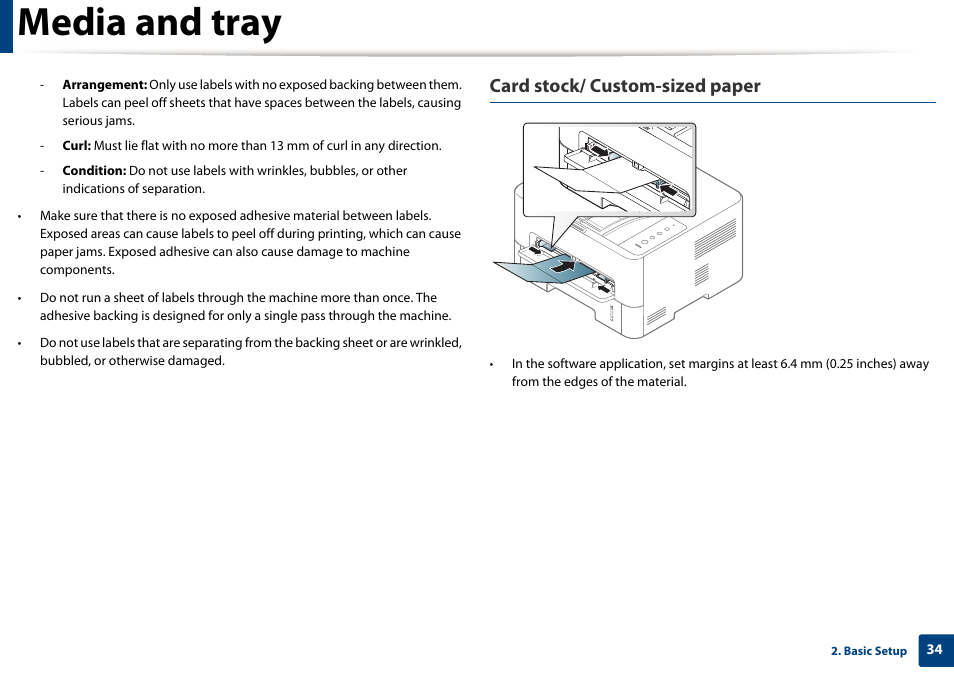 Media and tray, Card stock/ custom-sized paper | Samsung SL-M2625D-XAA User Manual | Page 34 / 236