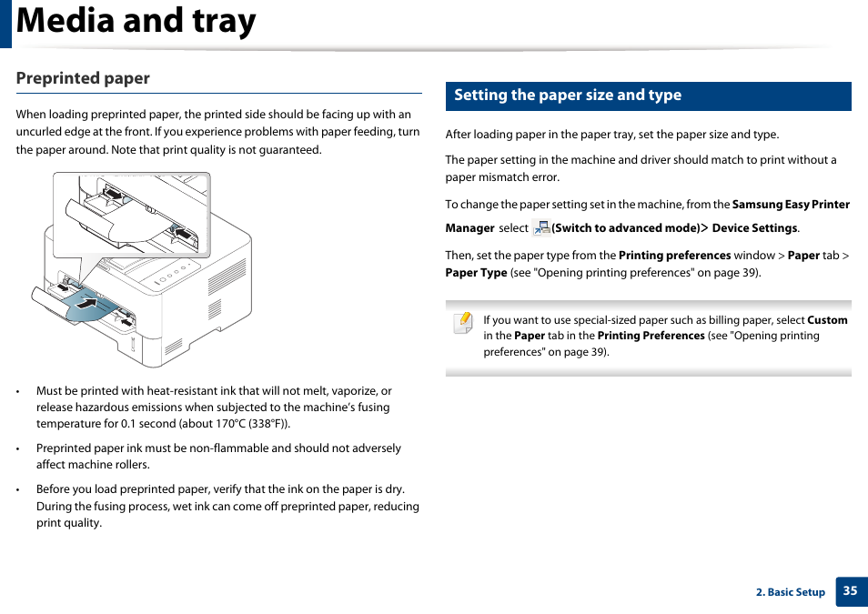 Media and tray, Preprinted paper, Setting the paper size and type | Samsung SL-M2625D-XAA User Manual | Page 35 / 236