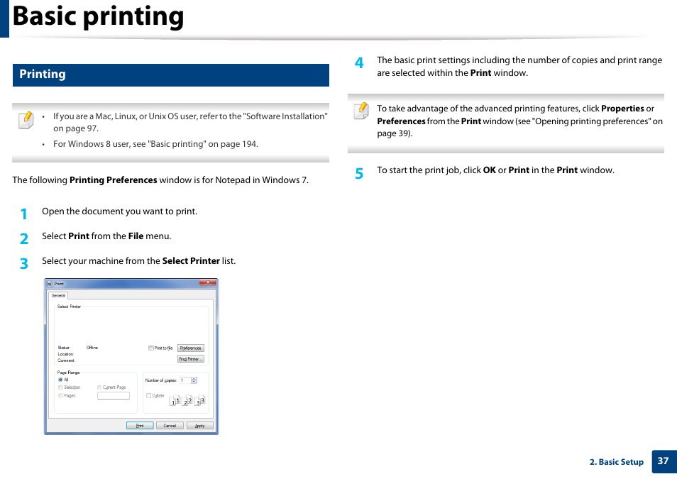 Basic printing, Printing | Samsung SL-M2625D-XAA User Manual | Page 37 / 236