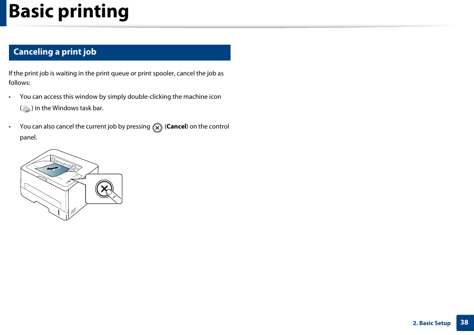 Basic printing, Canceling a print job | Samsung SL-M2625D-XAA User Manual | Page 38 / 236