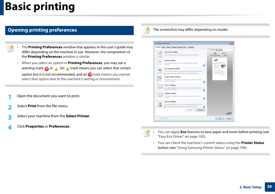 Basic printing, Opening printing preferences | Samsung SL-M2625D-XAA User Manual | Page 39 / 236