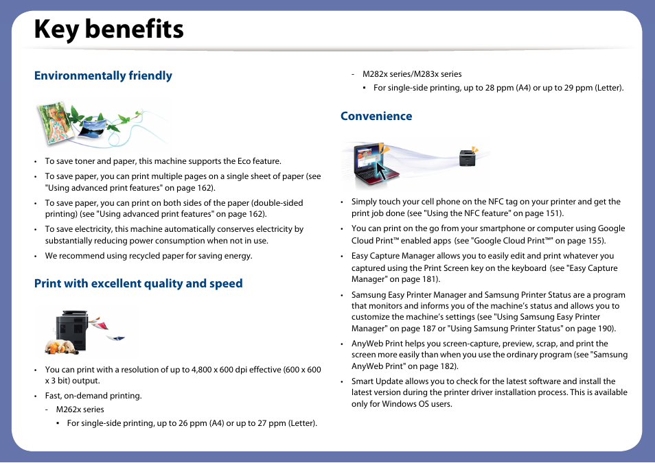 Key benefits, Environmentally friendly, Print with excellent quality and speed | Convenience | Samsung SL-M2625D-XAA User Manual | Page 4 / 236