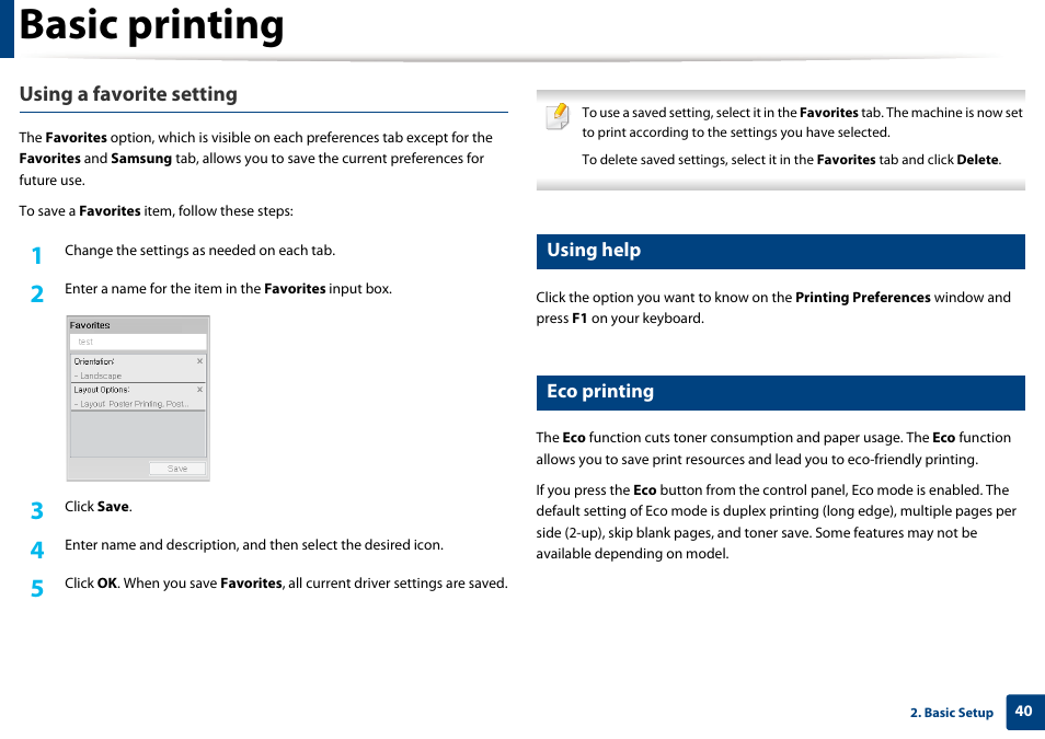 Basic printing, Using a favorite setting, Using help | Eco printing | Samsung SL-M2625D-XAA User Manual | Page 40 / 236