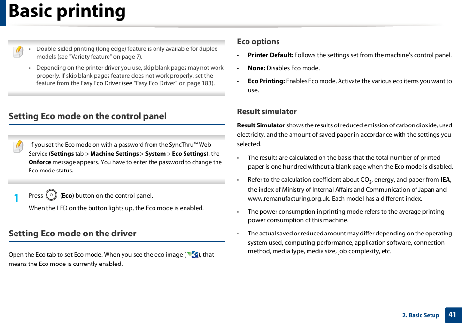 Basic printing, Setting eco mode on the control panel, Setting eco mode on the driver | Samsung SL-M2625D-XAA User Manual | Page 41 / 236