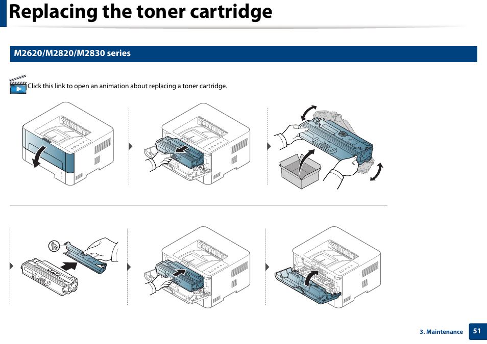 Replacing the toner cartridge | Samsung SL-M2625D-XAA User Manual | Page 51 / 236