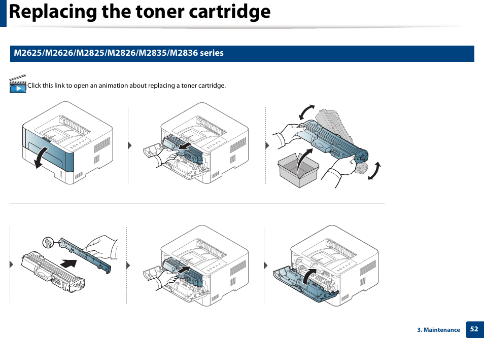 Replacing the toner cartridge | Samsung SL-M2625D-XAA User Manual | Page 52 / 236