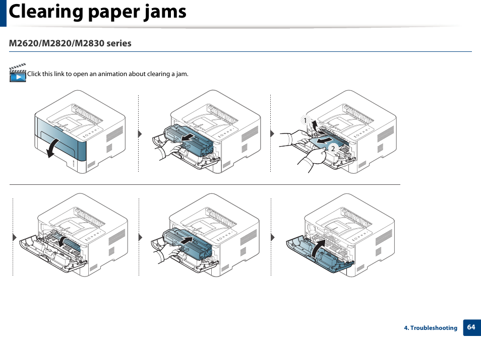 Clearing paper jams | Samsung SL-M2625D-XAA User Manual | Page 64 / 236