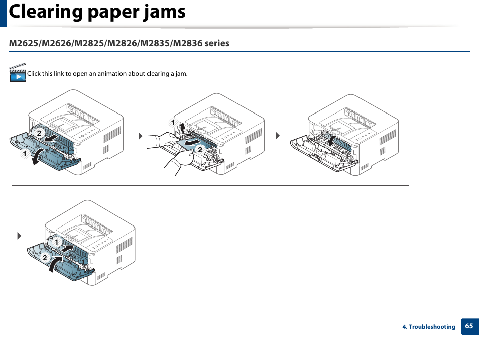 Clearing paper jams | Samsung SL-M2625D-XAA User Manual | Page 65 / 236