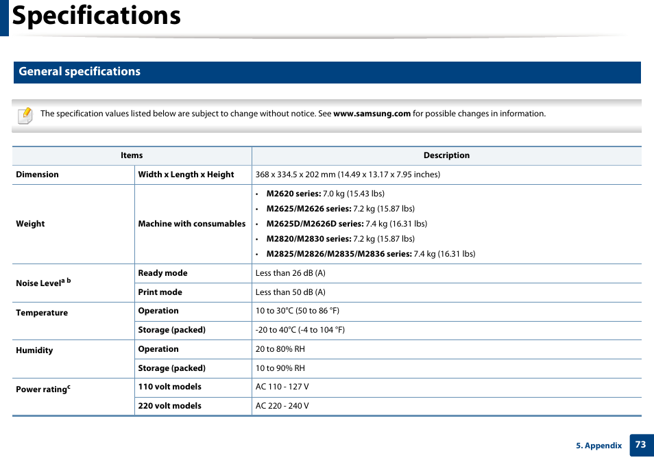 Specifications, General specifications | Samsung SL-M2625D-XAA User Manual | Page 73 / 236